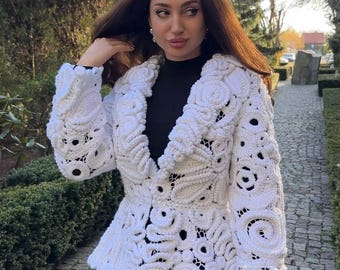 White Crochet Jacket in Irish Lace – Handmade Wool Blend Cardigan with Turn-Down Collar, Artistic Designer Lace Coat by LUSI