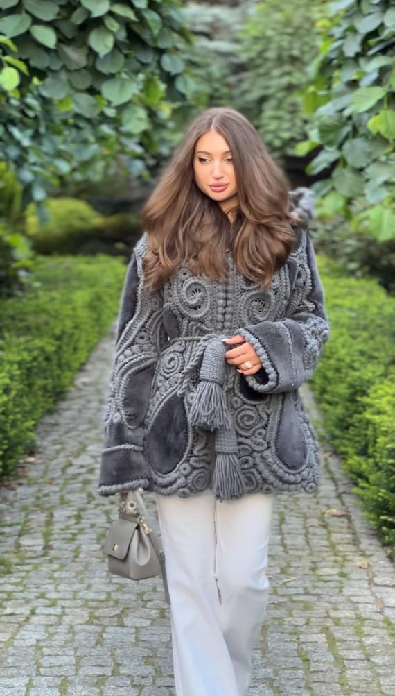 Handcrafted Sheepskin Coat with Irish-Style Crochet, Gray Natural Fur Jacket , Luxury Winter Coat for Women, Custom Lining & Hood Options