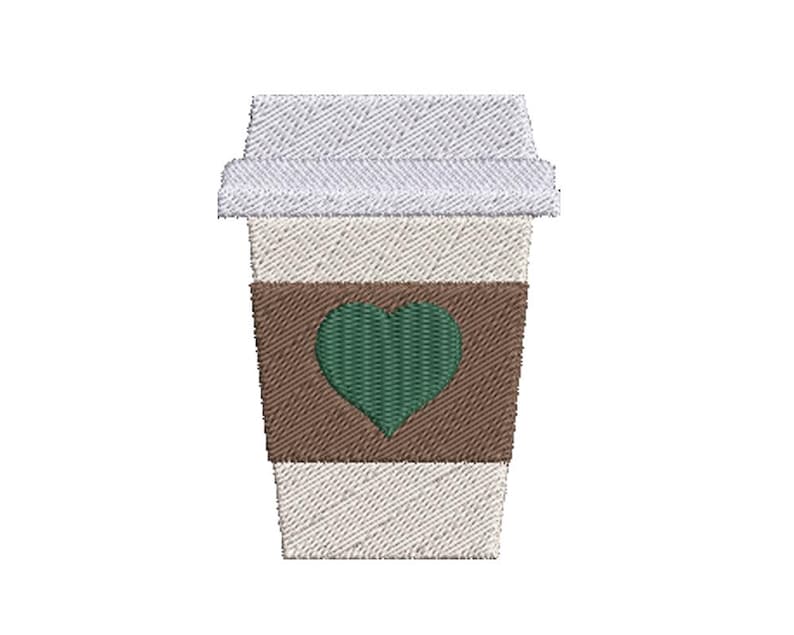 Op de afbeelding: Een witte koffiebeker om mee te nemen met een bruine band en een groen hartontwerp.