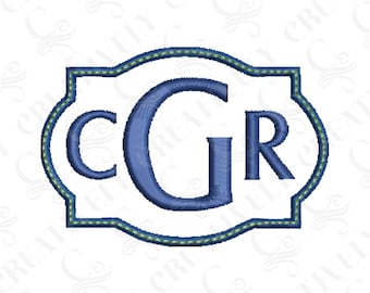 Könnte beinhalten: Ein blaues Monogramm mit den Buchstaben "CGR" in einem dekorativen Rahmen mit grünem und blauem Rand.