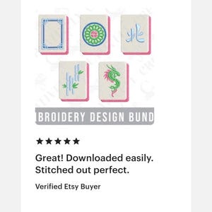 May include: An image of five embroidered Mahjong tile designs. The tiles feature various symbols in blue, green, and red, with a pink border. The text "BROIDERY DESIGN BUND" is at the bottom, along with customer reviews.