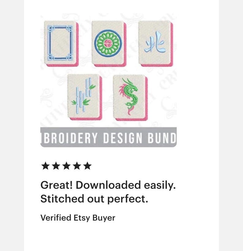 May include: An image of five embroidered Mahjong tile designs. The tiles feature various symbols in blue, green, and red, with a pink border. The text "BROIDERY DESIGN BUND" is at the bottom, along with customer reviews.