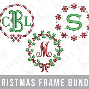 May include: Three Christmas-themed embroidery designs featuring a candy cane wreath with the letters "CBL", a holly wreath with the letter "M", and a snowflake wreath with the letter "S".