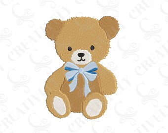 Teddy Bear with Blue Bow Machine Embroidery Design, 4 Sizes, Baby Boy Teddy Bear, Teddy Bear for Gender Reveal Party, Baby Shower Gift