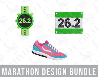 May include: A set of three embroidery designs for a marathon runner. The designs include a running shoe, a watch with the number 26.2, and a sign with the number 26.2. The designs are in green, pink, and black.