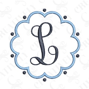 May include: A blue and white scalloped frame with a black letter L in the center. The frame has a dotted border.