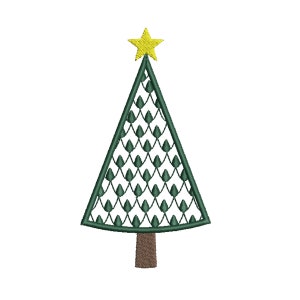 May include: A green Christmas tree with a yellow star on top. The tree has a brown trunk.
