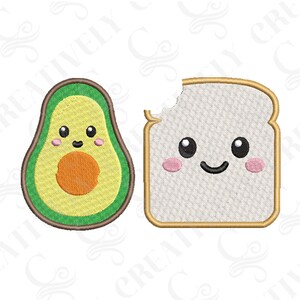 May include: A cartoon avocado and a cartoon slice of bread with a bite taken out of it. Both have cute faces with pink cheeks and black eyes.