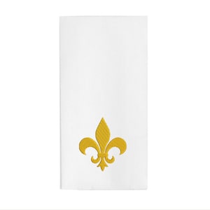 May include: White hand towel with a gold embroidered fleur-de-lis design.