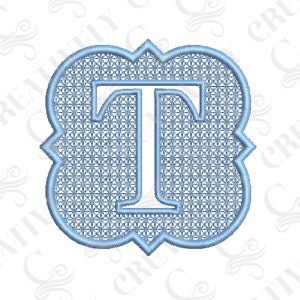 May include: A light blue monogram letter T with a decorative, patterned border. The letter is in a white font.