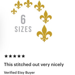 May include: Six gold fleur-de-lis designs arranged in a semi-circle around the text "6 SIZES".  The review text reads "This stitched out very nicely" and "Verified Etsy Buyer".
