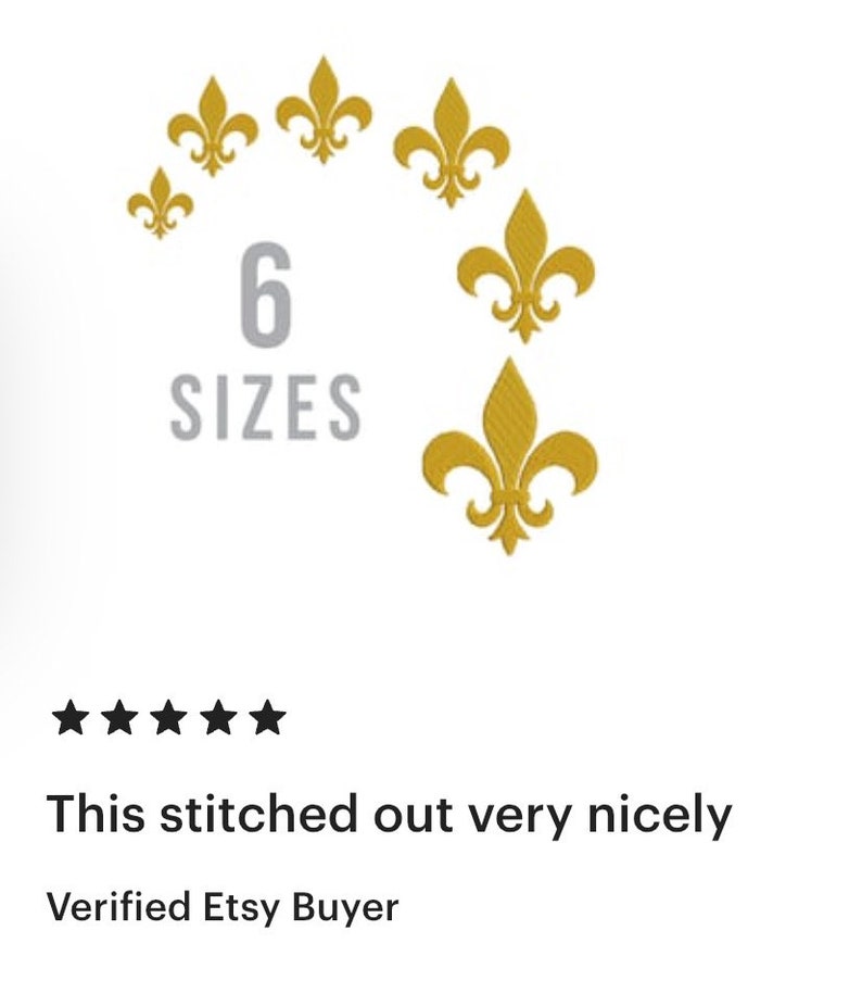 May include: Six gold fleur-de-lis designs arranged in a semi-circle around the text "6 SIZES".  The review text reads "This stitched out very nicely" and "Verified Etsy Buyer".