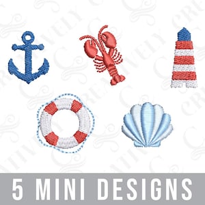 Coastal New England Summer Mini Embroidery Design Bundle, 5 Coastal Machine Embroidery Design Bundle, Coastal Mini Designs for Shirt