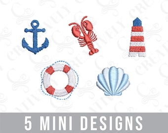 Coastal New England Summer Mini Embroidery Design Bundle, 5 Coastal Machine Embroidery Design Bundle, Coastal Mini Designs for Shirt