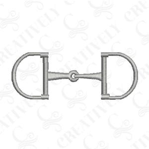 May include: A detailed embroidery design of a horse bit, featuring a D-ring shape on each side connected by a central mouthpiece. The bit is rendered in a neutral gray color, suitable for equestrian-themed projects.