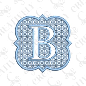 May include: A light blue embroidered letter B in a decorative frame. The letter is outlined in white and the frame has a lattice pattern.