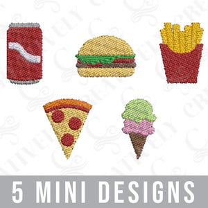 Junk Food Mini Machine Embroidery Design Bundle, 5 Junk Food Mini Designs, Pizza Soda Ice Cream Fries Burger, Mini Food Embroidery Bundle