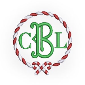 May include: A green monogram with the letters "CBL" inside a red and white candy cane wreath. The wreath is tied with a candy cane bow.