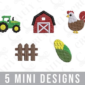 May include: Five mini embroidery designs featuring a red barn, a green tractor, a brown fence, a yellow and green ear of corn, and a brown rooster with a red comb.
