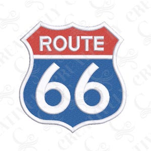 May include: A blue and red Route 66 sign with white text and numbers.