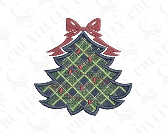 Plaid Christmas Tree With Bow Embroidery Design, Christmas Embroidery File Download, 6 Sizes, Hostess Christmas Gift, Holiday Tea Towel