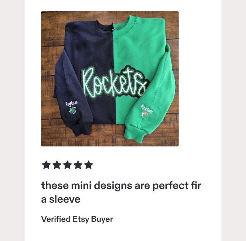 May include: A split-color crewneck sweatshirt featuring a black left side and a green right side. The word Rockets is embroidered in white with a green outline across the chest. The left sleeve displays the name Peyton with a small green leaf icon.