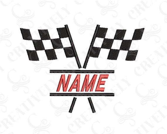 Checkered Racing Flags Race Car Flags Embroidery Design, Racing Flags Add Name Customizable Monogram Frame, 4 Sizes, Race Car Monogram