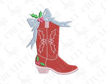 Pobierz plik do haftu na bożonarodzeniowe buty kowbojskie, 4 rozmiary, buty kowbojskie, projekt świąteczny w stylu western, wystrój bożonarodzeniowy w stylu western, bożonarodzeniowy kowboj