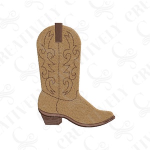 May include: A brown cowboy boot with a decorative stitch pattern on the shaft. The boot has a pointed toe and a brown heel.