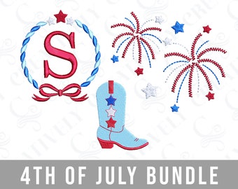 4th of July Embroidery Design Bundle, Machine Embroidery Design Bundle, 4th of July Monogram Frame, Cowboy Boot, Fireworks