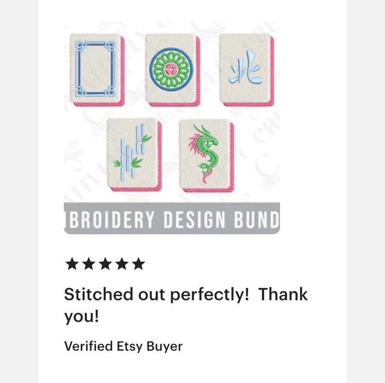 May include: A collection of embroidered Mahjong tiles with various designs, including a blue frame, a green and blue floral pattern, and a green dragon. The text "BROIDERY DESIGN BUND" is visible.