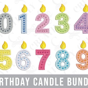May include: A set of ten colorful birthday candles shaped like numbers 0 through 9. Each candle has a yellow flame and a dotted pattern.