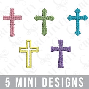 May include: Five mini cross embroidery designs in pink, green, yellow, purple and blue.  The designs are perfect for adding a touch of faith to your projects.