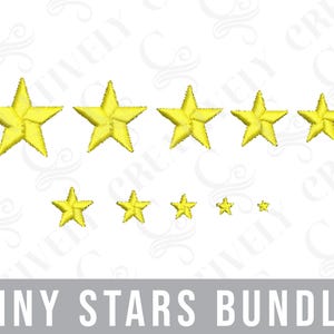 May include: A set of nine yellow star embroidery designs in various sizes. The stars are arranged in a row from largest to smallest. The design is perfect for adding a touch of sparkle to any project.
