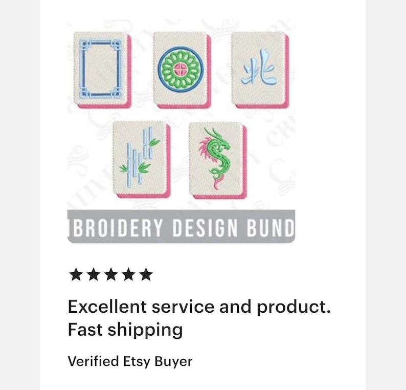 May include: A collection of embroidered Mahjong tiles with various designs, including a blue and white rectangle, a green and blue floral pattern, and a green dragon. The text "BROIDERY DESIGN BUND" is visible.