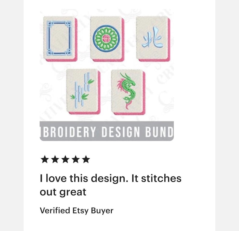 May include: A collection of embroidered Mahjong tile designs. Each tile features a unique design, including a blue frame, a green and blue floral pattern, a Chinese character, bamboo stalks, and a green and pink dragon. The text "BROIDERY DESIGN BUND" is also visible.