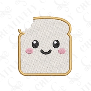 Könnte beinhalten: Eine Cartoon-Scheibe Weißbrot mit einem Bissen herausgenommen. Das Brot hat ein fröhliches Gesicht mit schwarzen Augen, einem rosa Rouge und einem schwarzen Lächeln.