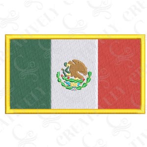 May include: Embroidered patch featuring the Mexican flag. The flag has vertical stripes of green, white, and red. The white stripe contains the Mexican coat of arms, a golden eagle perched on a cactus. The patch is rectangular with a gold border.