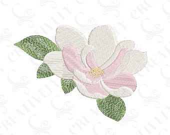May include: A single white magnolia flower with pink accents and green leaves. The flower is in bloom and has a yellow center.