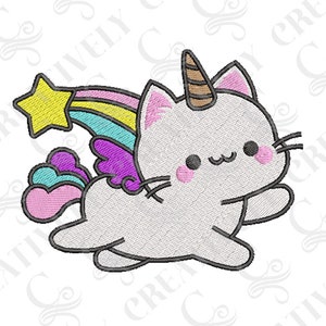 Diseño de archivo de bordado de gatito unicornio arcoíris, diseño de bordado de gato kawaii, 4 tamaños, diseño de bordado digital de amor por los gatos, regalo para preadolescentes