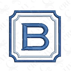 May include: A blue and white monogram letter B in a square frame with a decorative border.