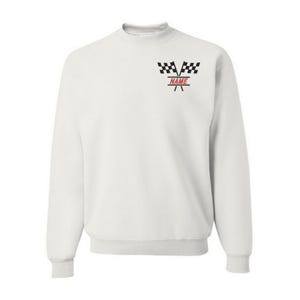 May include: A white crewneck sweatshirt featuring a racing theme. The design includes two black and white checkered flags above the word "NAME" in red, with a red line underneath. The sweatshirt has long sleeves and a ribbed hem.
