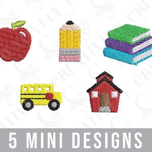 May include: Five mini embroidery designs for school-themed crafts. The designs include a red apple, a yellow pencil, a stack of colorful books, a yellow school bus, and a red schoolhouse.