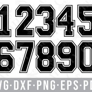 Números de camiseta deportiva SVG PNG DXF Eps Pdf archivos, archivos cortados para silueta Cricut, números deportivos, números para Jersey