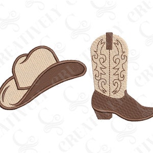 May include: A brown cowboy hat and a brown cowboy boot with a beige interior and a brown floral design.