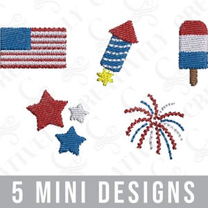 May include: Five mini embroidery designs featuring patriotic themes. The designs include an American flag, a firework, a star, a popsicle, and a firework burst.