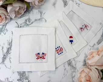 America 250 USA Embroidered Cocktail Napkin Set, America Mini Designs, Patriotic Designs, 4th of July, Hostess, Housewarming Gift