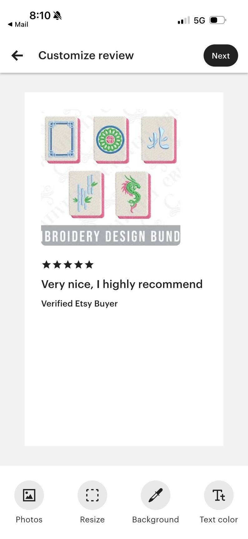 May include: Image of a review for a "BROIDERY DESIGN BUND" with five embroidered designs. The review says "Very nice, I highly recommend" and is from a "Verified Etsy Buyer".