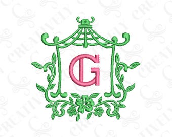 Chinoiserie Pagoda Monogram Frame Machine Embroidery Design, Embroidery File Download, Chinoiserie Design, Chinoiserie gift