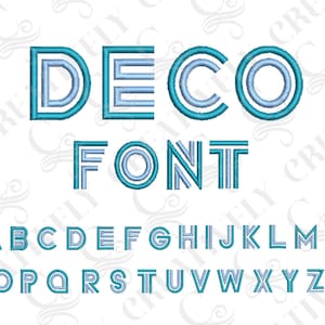 May include: A Deco font alphabet in blue and light blue. The letters are outlined in a double line style. The letters are uppercase.
